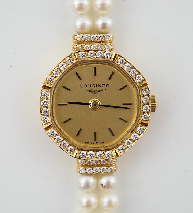 A lady's modern 18k and diamond chip set Longines quartz octagonal wrist watch